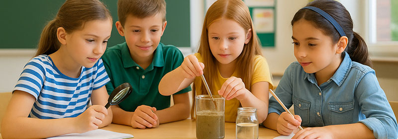 4 Kinder experimentieren in der Schule mit dem KIT Abwasser