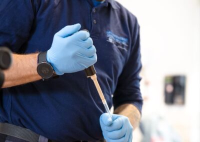 Mitarbeiter mit Pipette und Schutzhandschuhen im Labor